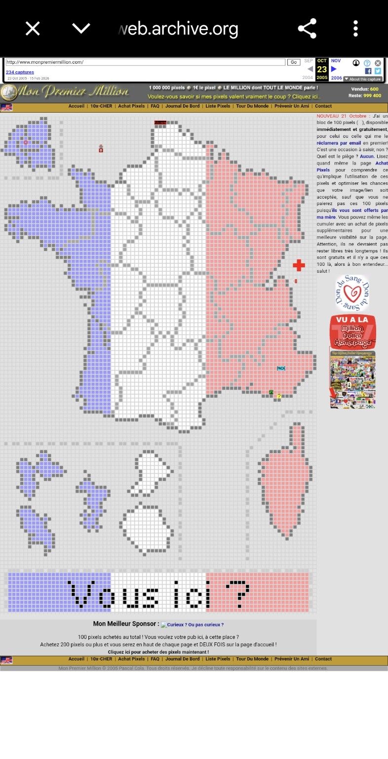 Archivierter Screenshot von MonPremierMillion.com aus dem Jahr 2005 mit einer aus Pixeln aufgebauten Frankreichkarte.